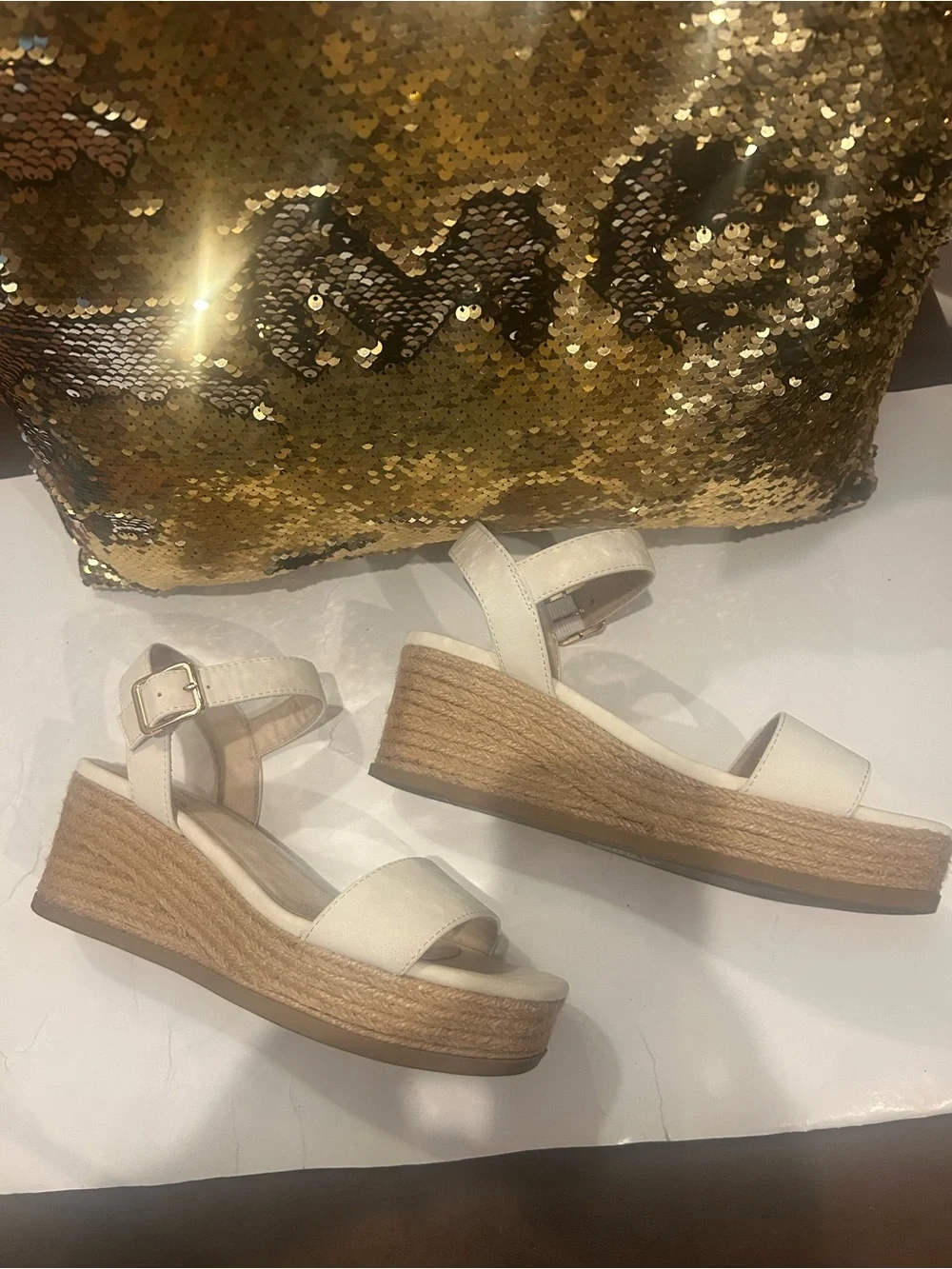 Women's White Platform Espadrille Sandals - Ankle Strap
